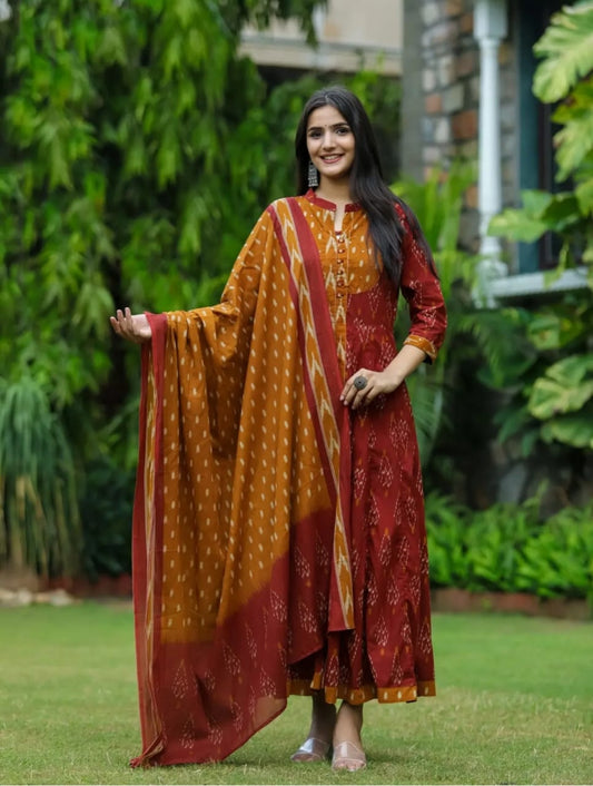 Red Designer Ekka Print With Anarkali Pant And Dupatta Set