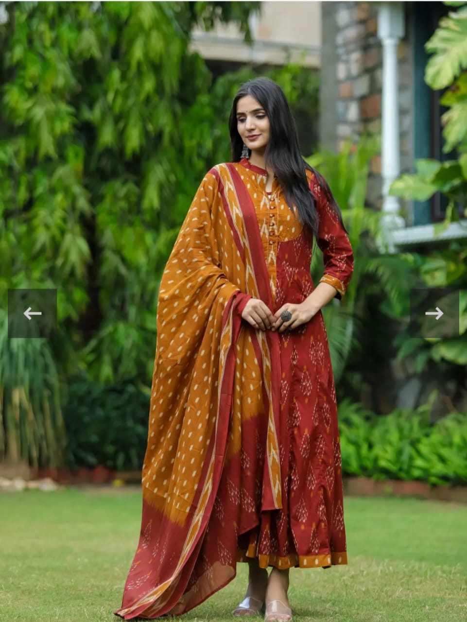 Red Designer Ekka Print With Anarkali Pant And Dupatta Set