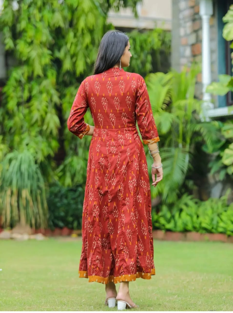 Red Designer Ekka Print With Anarkali Pant And Dupatta Set