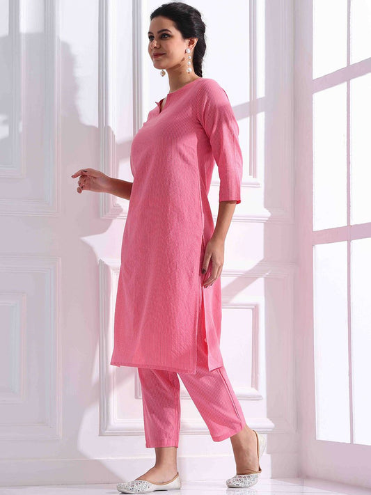 Women Striped Katha Work Pure Cotton Kurta With Pant
