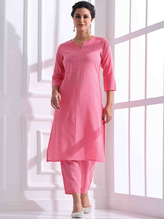 Women Striped Katha Work Pure Cotton Kurta With Pant