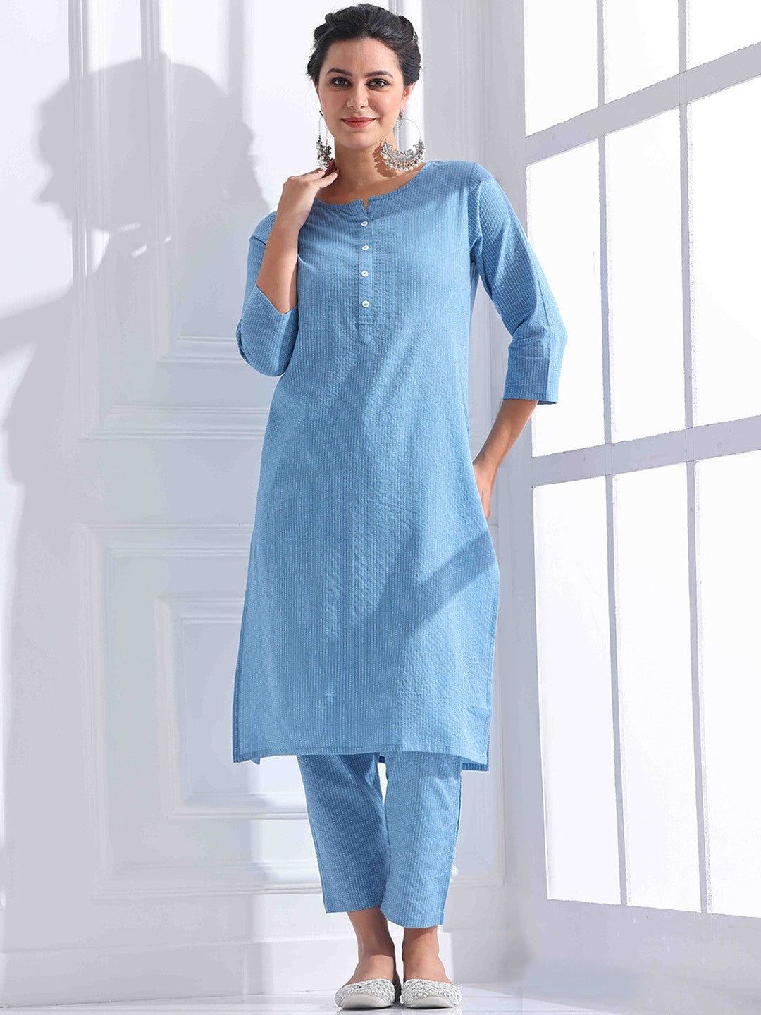 Women Striped Katha Work Pure Cotton Kurta With Pant