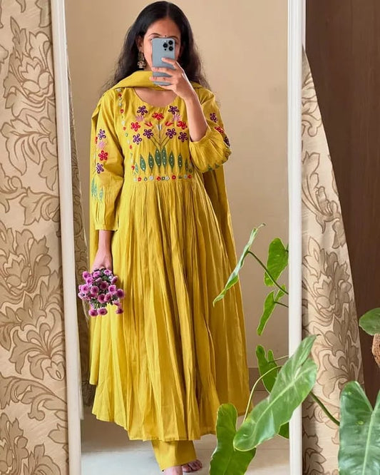 Designer Trending Beautiful Yellow Embroidered 3 Piece Party Wear Anarkali Set