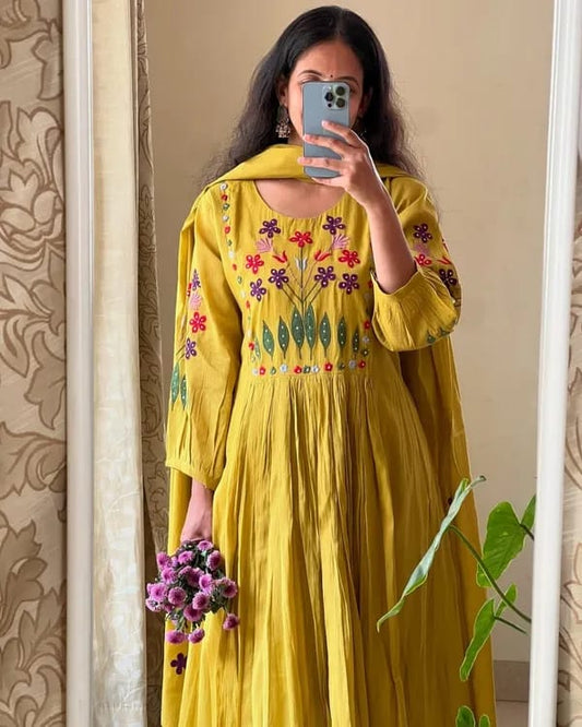 Designer Trending Beautiful Yellow Embroidered 3 Piece Party Wear Anarkali Set