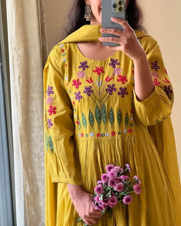 Designer Trending Beautiful Yellow Embroidered 3 Piece Party Wear Anarkali Set