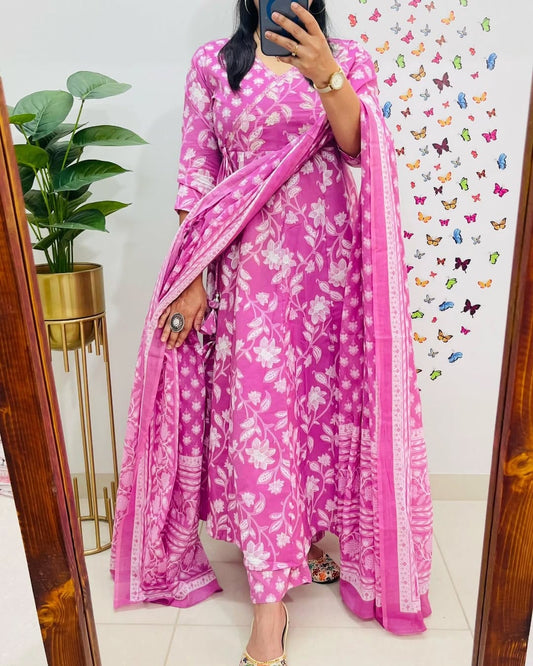 Anarkha Floral Print Cotton Anarkali Kurta Pant And Dupatta Set