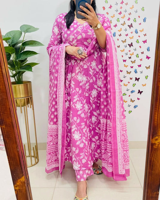 Anarkha Floral Print Cotton Anarkali Kurta Pant And Dupatta Set