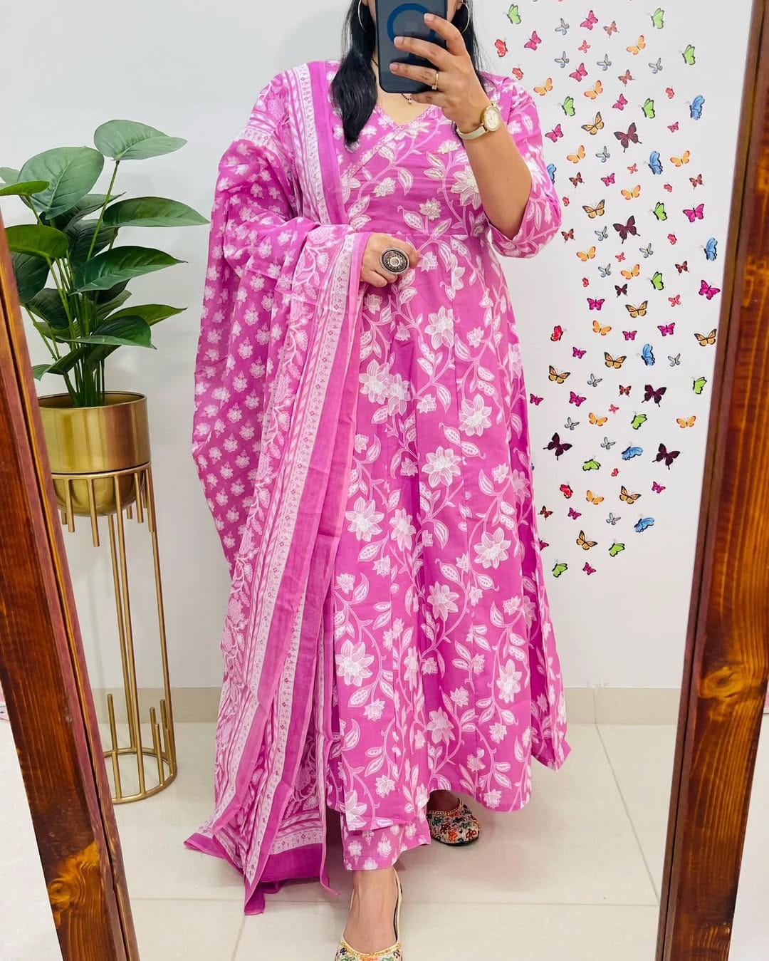 Anarkha Floral Print Cotton Anarkali Kurta Pant And Dupatta Set