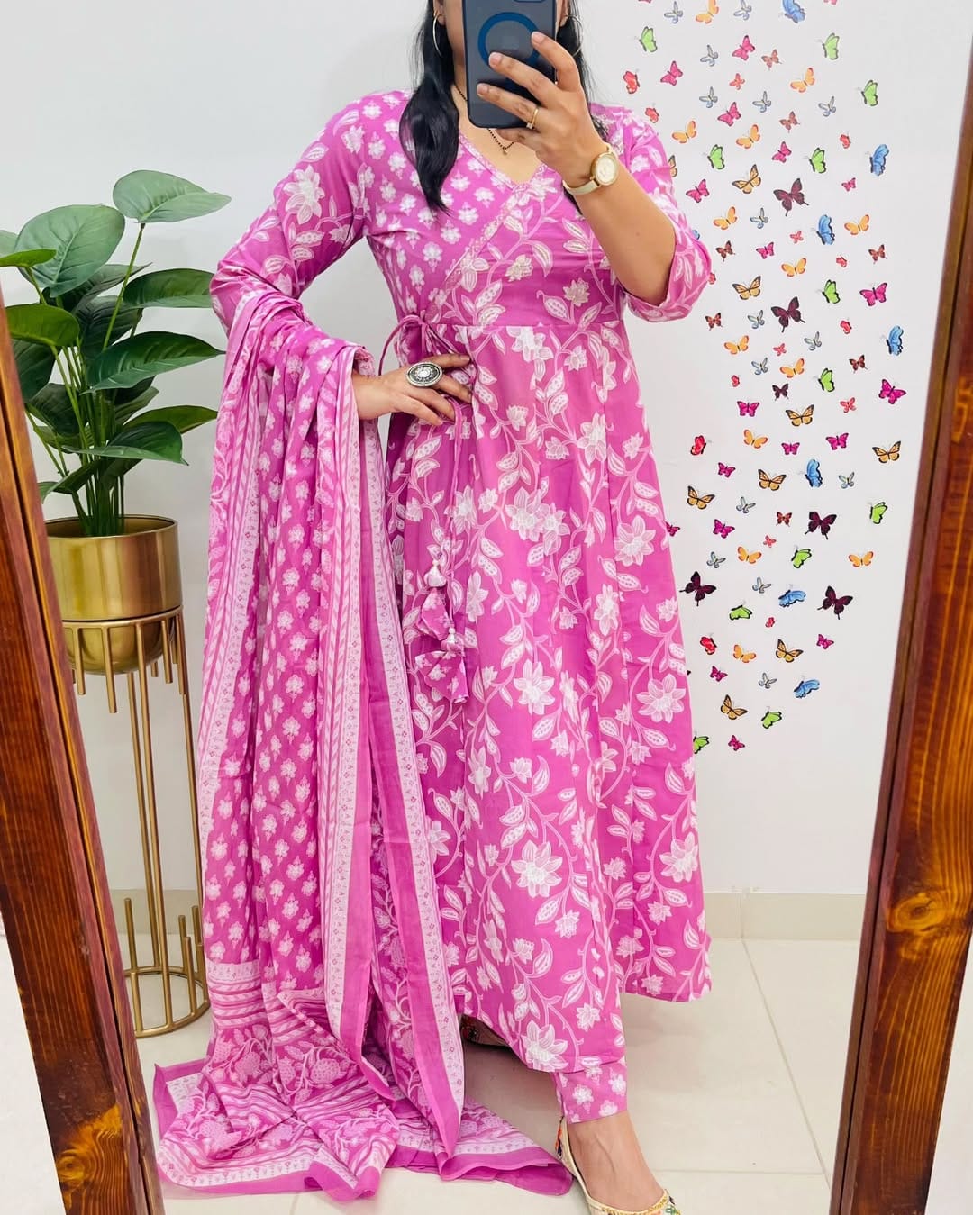 Anarkha Floral Print Cotton Anarkali Kurta Pant And Dupatta Set