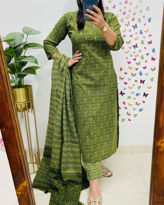 Women Beautiful Pure Cotton Green Kurta Pant With Dupatta Set