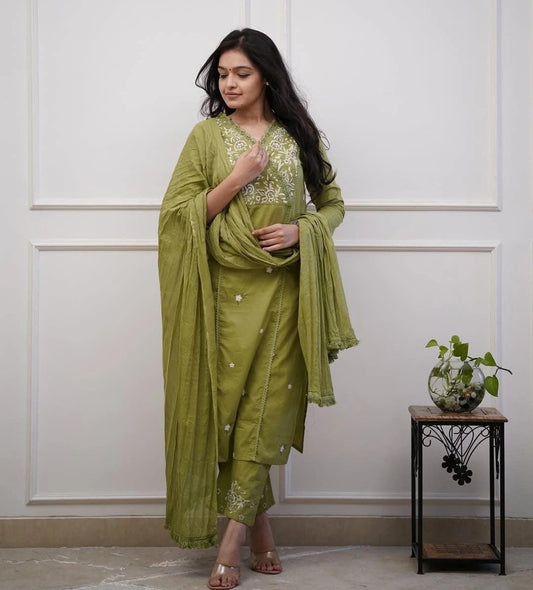 Green Embroidered Kurti Pant With Dupatta Set