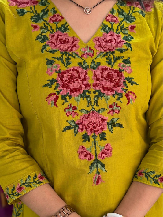 Slub Cotton Embroidered Kurta with Straight Pant