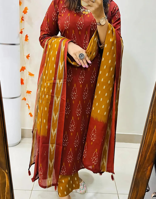 Red Designer Ekka Print With Kurti Paint And Dupatta Set