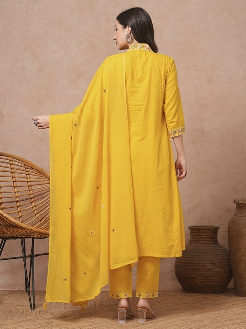 Solid Floral Embroidered A-Line Paneled Kurta With Pant & Dupatta - Yellow