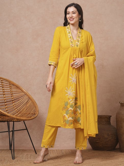Solid Floral Embroidered A-Line Paneled Kurta With Pant & Dupatta - Yellow