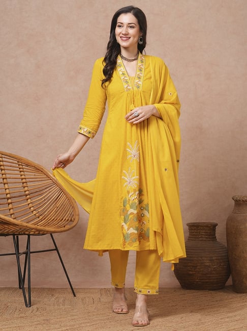Solid Floral Embroidered A-Line Paneled Kurta With Pant & Dupatta - Yellow