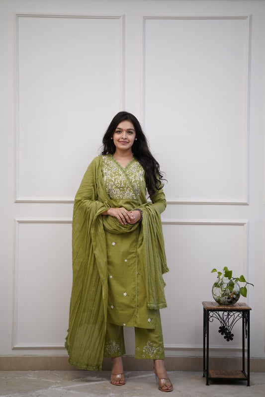 Green Embroidered Kurti Pant With Dupatta Set