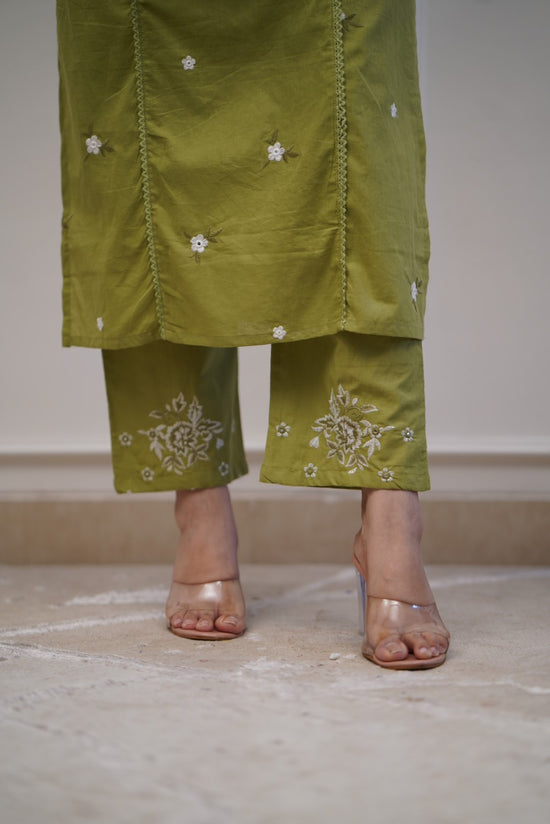 Green Embroidered Kurti Pant With Dupatta Set