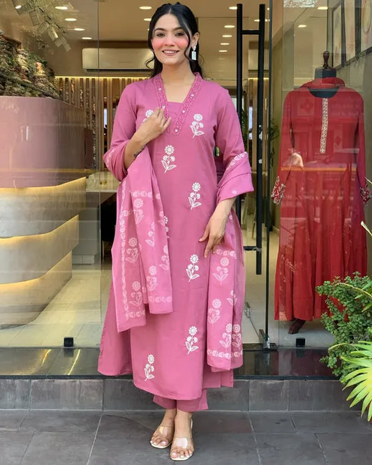 Women Pink Design Cotton Straight Suit With Dupatta Set