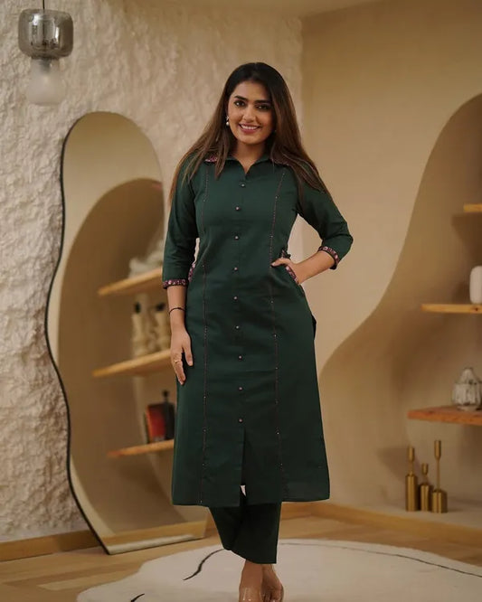 Dark Green Cotton Straight Kurta Plaza Set