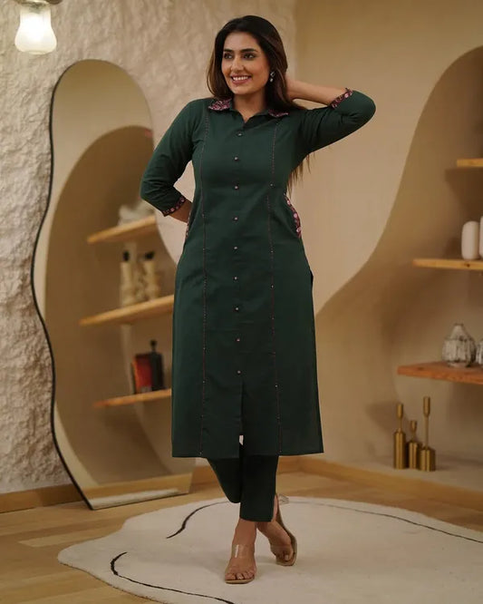 Dark Green Cotton Straight Kurta Plaza Set