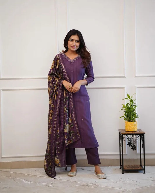 Purple Embroider and Zari Work Cotton Straight Suit Set with Heavy Silk Dupatta