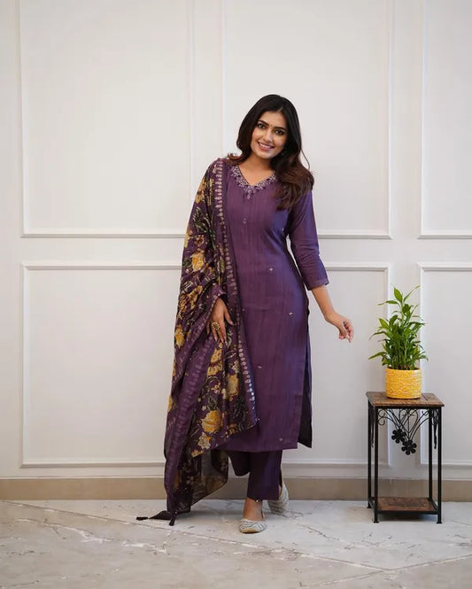 Purple Embroider and Zari Work Cotton Straight Suit Set with Heavy Silk Dupatta