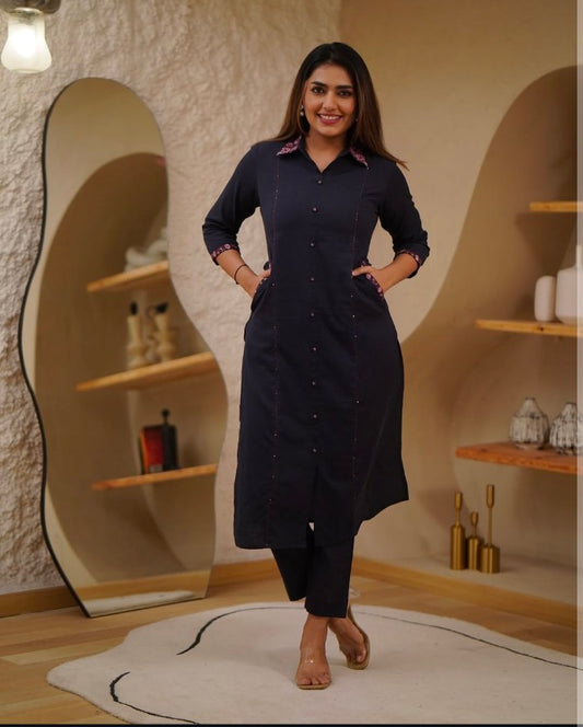 Dark Purple Cotton Straight Kurta Plaza Set
