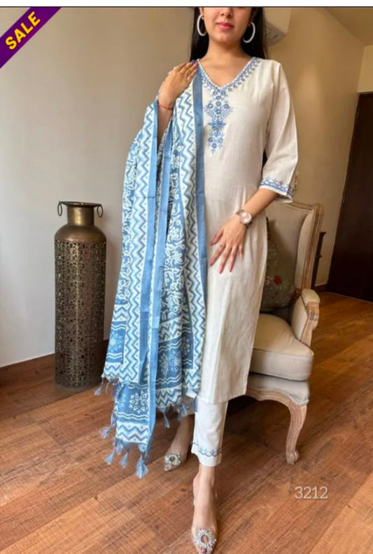 Off White Embroidered Cotton Flex Suit Set With Cotton Silk Dupatta