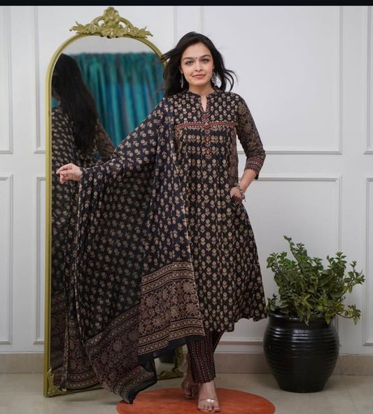 Block Printed Sequins Embroidered Kurta With Pants & Dupatta Set