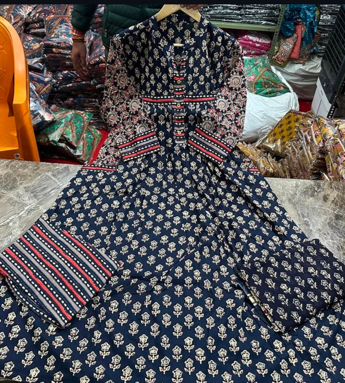 Block Printed Sequins Embroidered Kurta With Pants & Dupatta Set