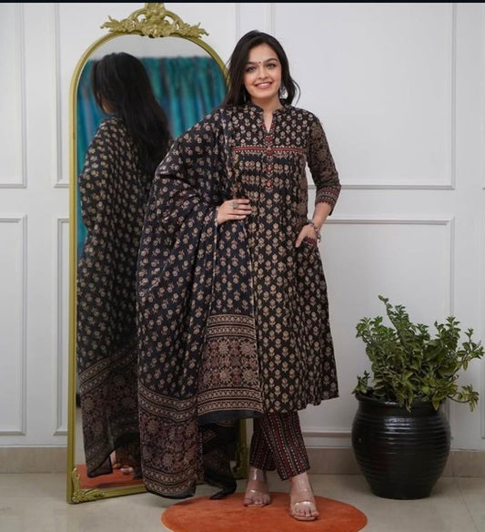 Block Printed Sequins Embroidered Kurta With Pants & Dupatta Set