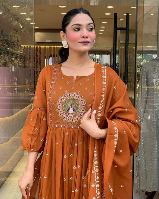Latest And Trending Cotton Printed Anarkali And Pant With Dupatta Set ( Light Orange )