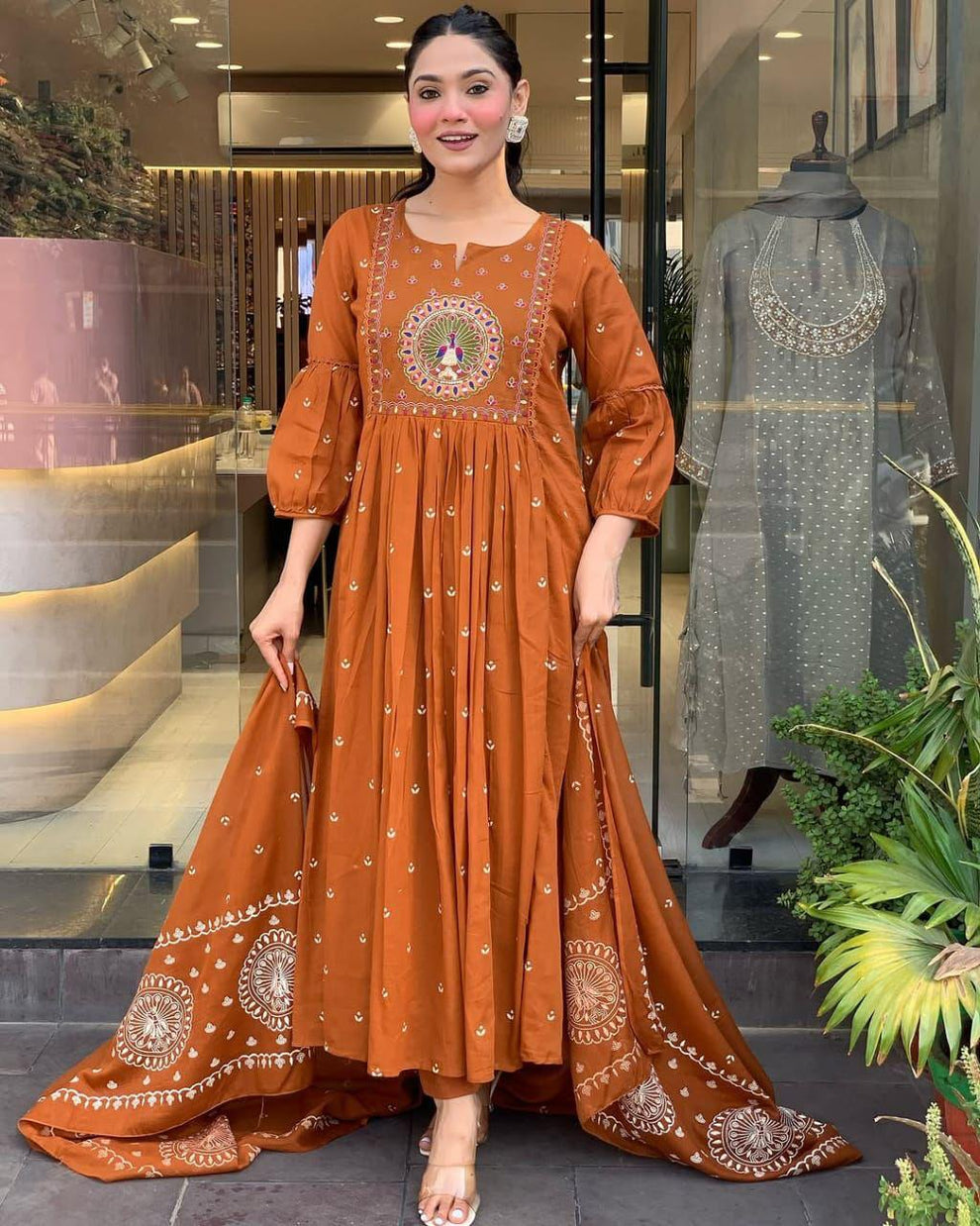 Latest And Trending Cotton Printed Anarkali And Pant With Dupatta Set ( Light Orange )