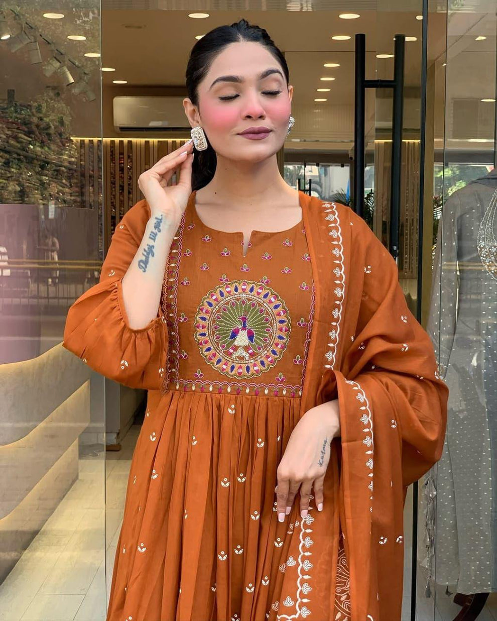 Latest And Trending Cotton Printed Anarkali And Pant With Dupatta Set ( Light Orange )