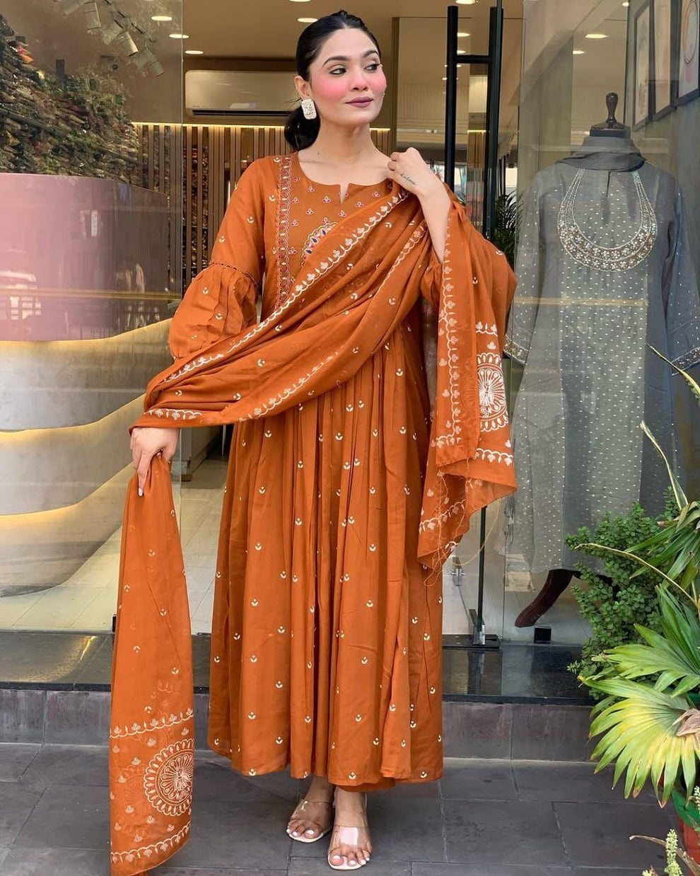 Latest And Trending Cotton Printed Anarkali And Pant With Dupatta Set ( Light Orange )