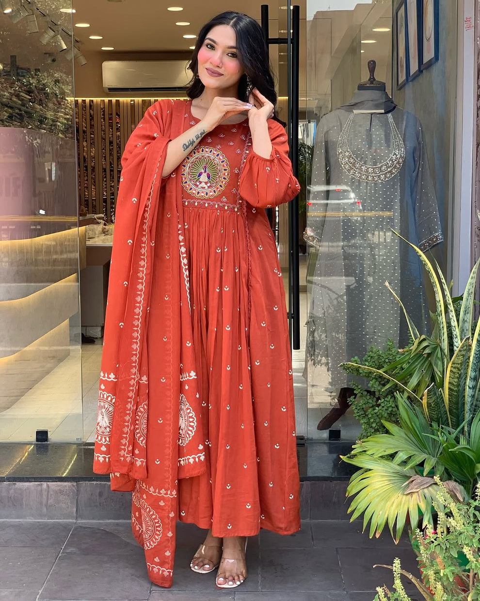 Latest And Trending Cotton Printed Anarkali And Pant With Dupatta Set (Light Red )