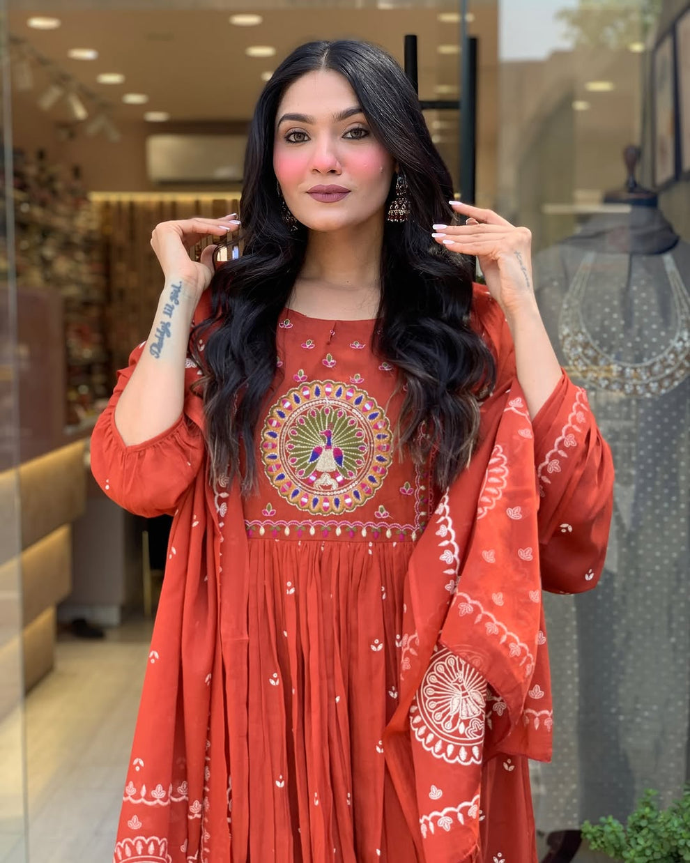 Latest And Trending Cotton Printed Anarkali And Pant With Dupatta Set (Light Red )