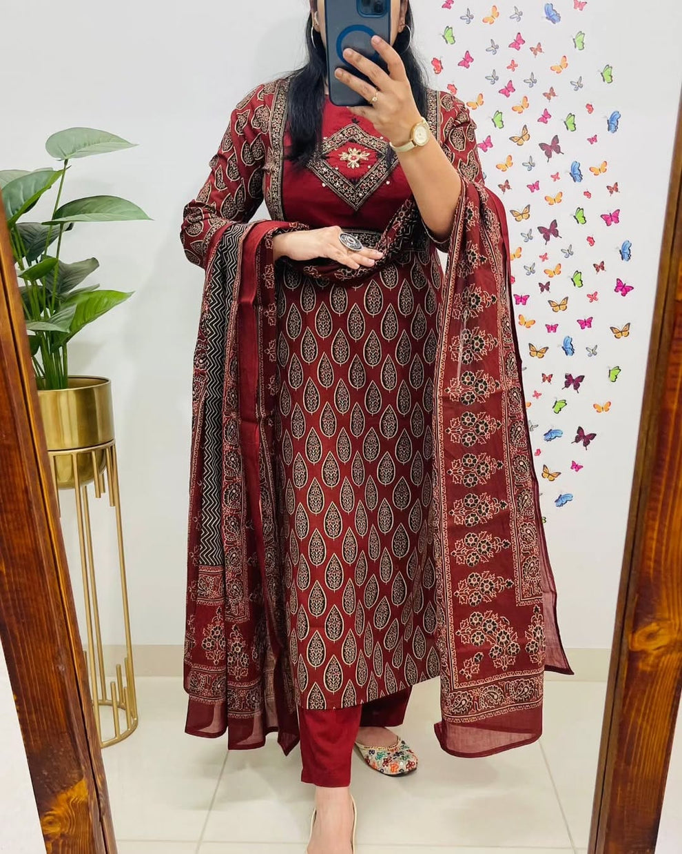 Bagru Kalamkari Printed Maroon Cotton Kurta And Pant With Dupatta Set