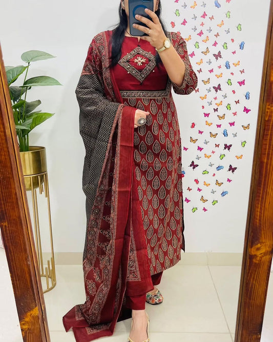 Bagru Kalamkari Printed Maroon Cotton Kurta And Pant With Dupatta Set