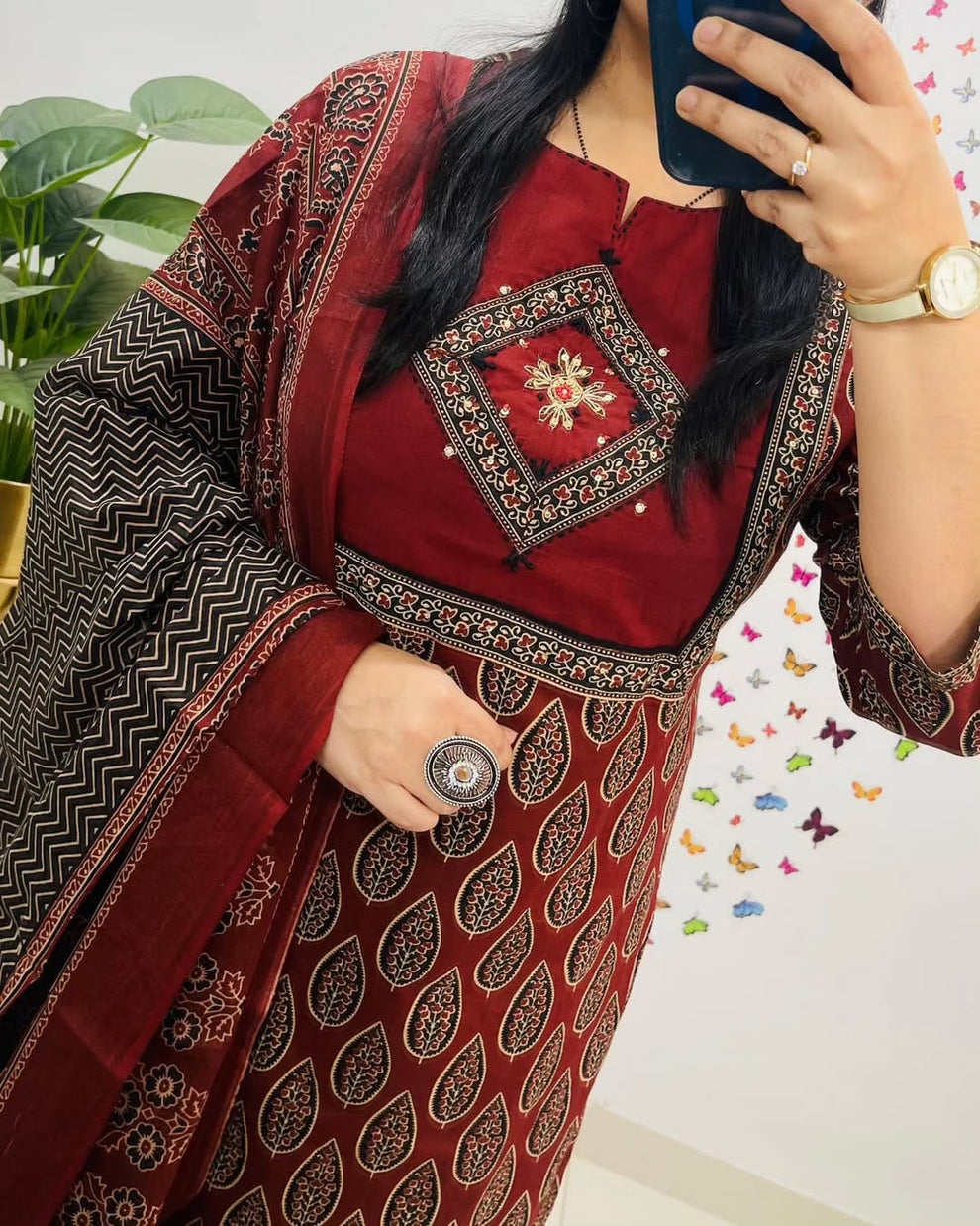 Bagru Kalamkari Printed Maroon Cotton Kurta And Pant With Dupatta Set