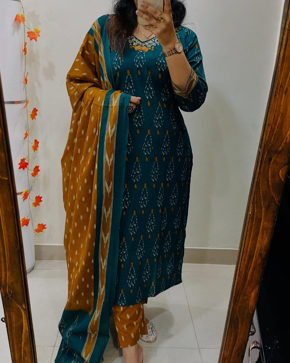 Pure Premium Ikka Print Cotton Teal And Mustrad Kurta Set with Dupatta