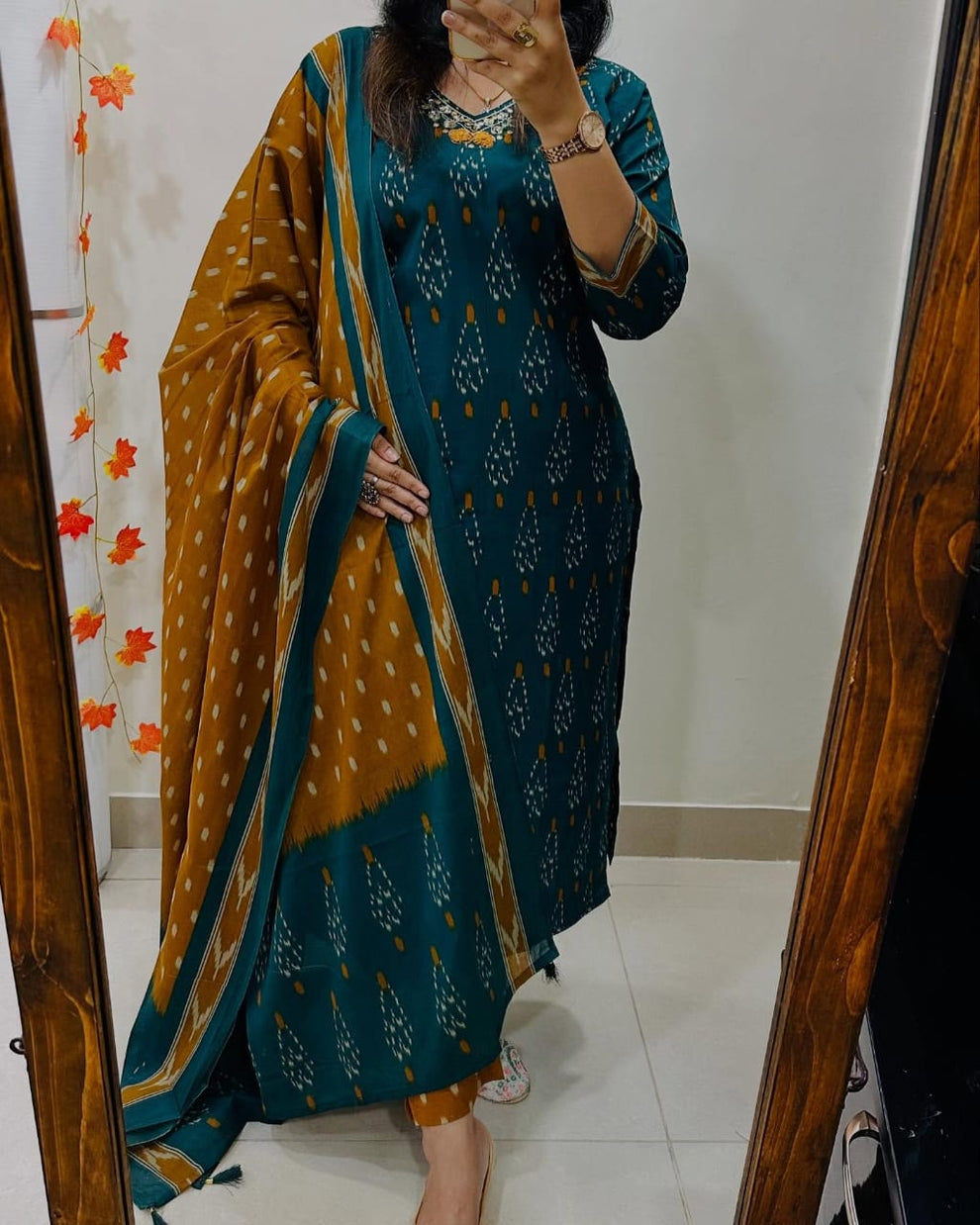 Pure Premium Ikka Print Cotton Teal And Mustrad Kurta Set with Dupatta