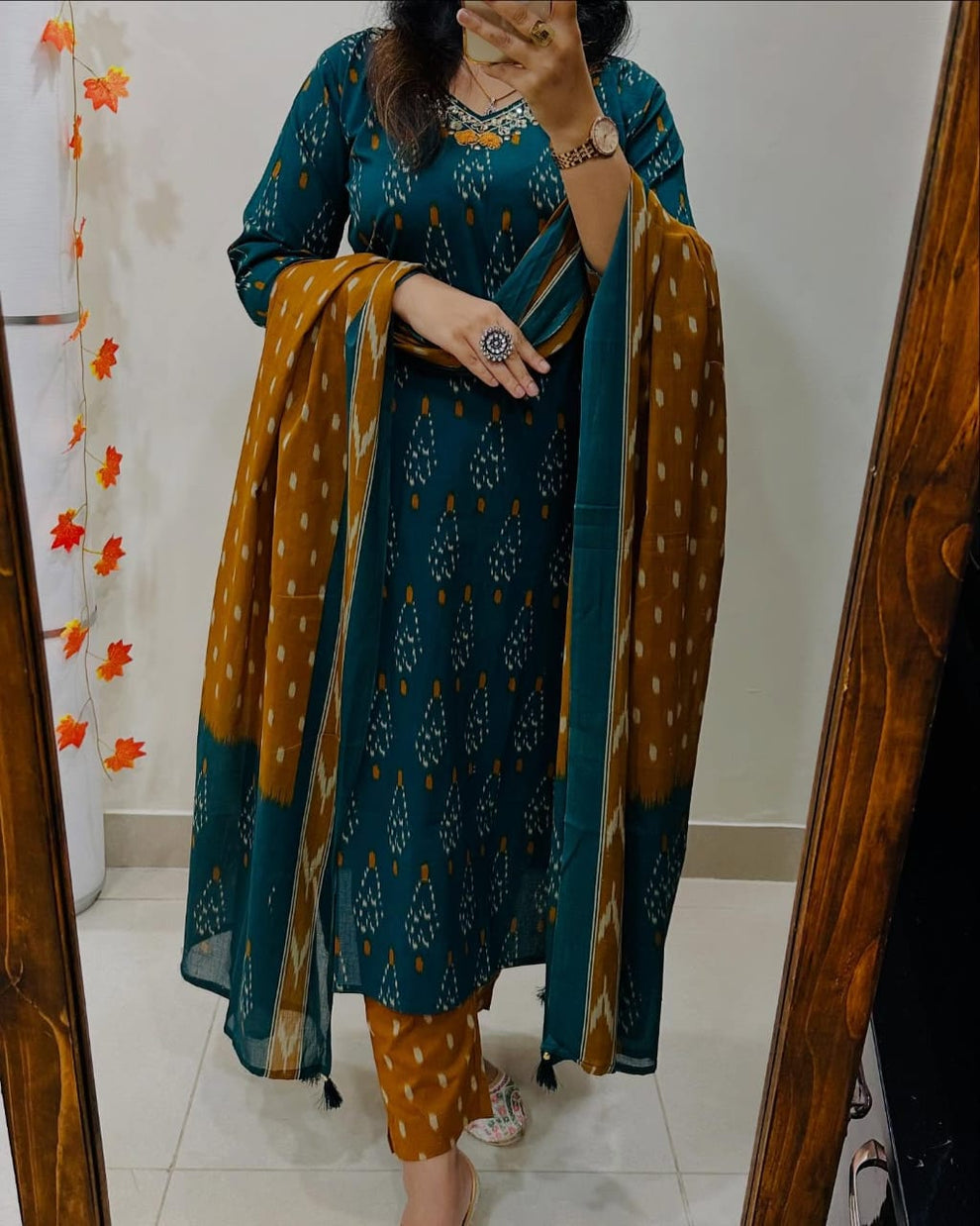 Pure Premium Ikka Print Cotton Teal And Mustrad Kurta Set with Dupatta