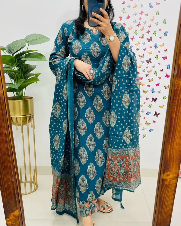 Traditional Cotton Embroidered Blue Kurta Pant Set With Dupatta