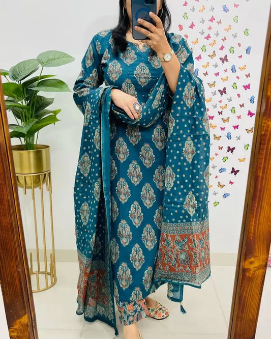Traditional Cotton Embroidered Blue Kurta Pant Set With Dupatta