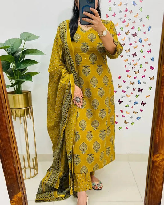 Traditional Cotton Embroidered Yellow Mustard Kurta Pant Set With Dupatta