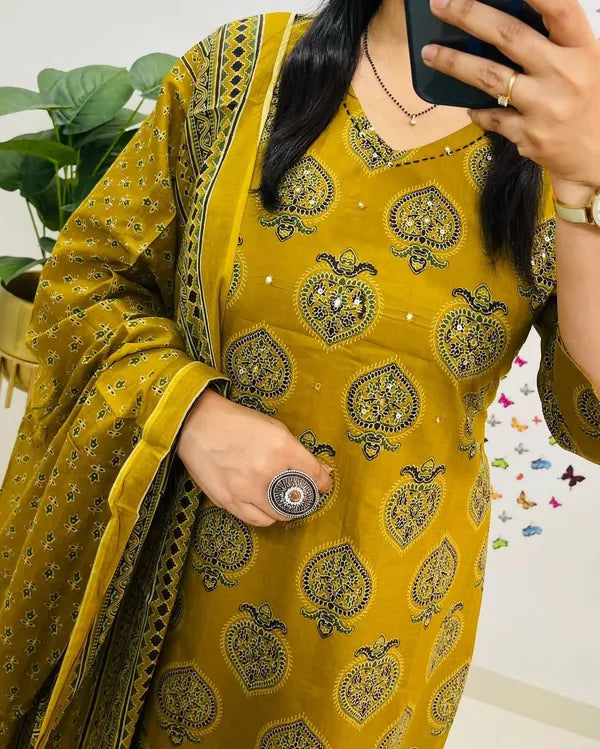 Traditional Cotton Embroidered Yellow Mustard Kurta Pant Set With Dupatta