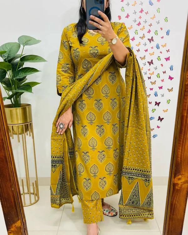 Traditional Cotton Embroidered Yellow Mustard Kurta Pant Set With Dupatta