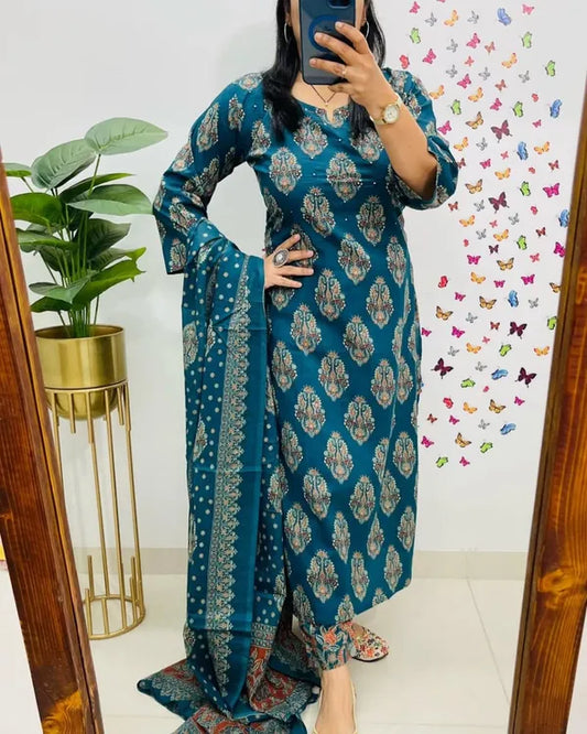 Traditional Cotton Embroidered Blue Kurta Pant Set With Dupatta